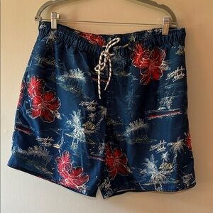 St. John's Bay Navy and Red Floral Swim Trunks Size L